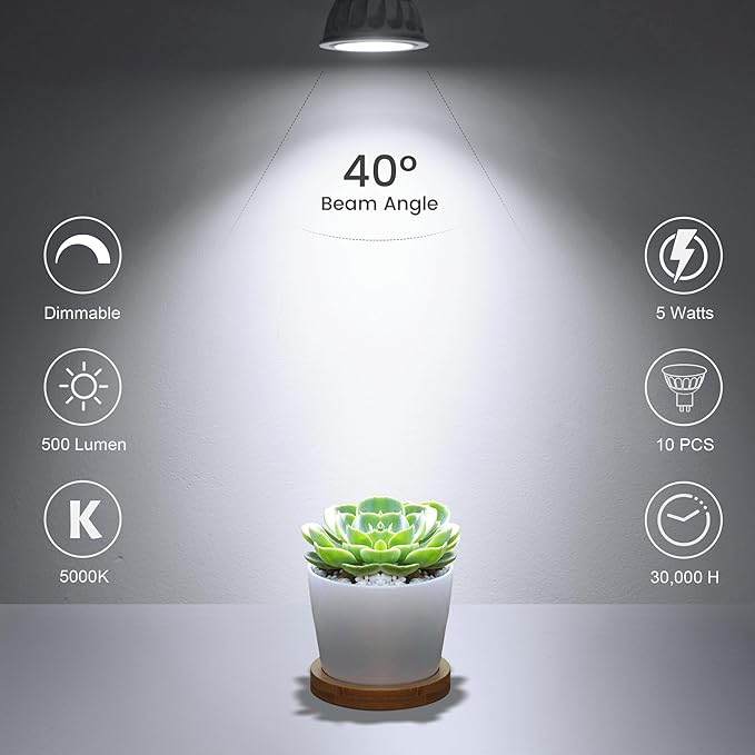 Dimmable MR16 LED Bulbs 50W Halogen Equivalent Landscape Light Bulbs, 5000K Daylight White 5W GU5.3 MR16 12V Spotlight Bulb, 40° Beam Angle for Landscape, Recessed, Track Lighting 6 Pack