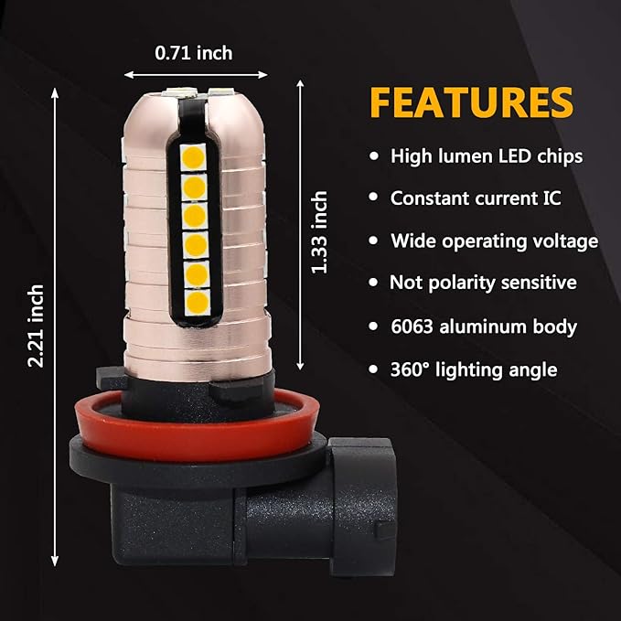 PHINLION 3000 Lumens Golden Yellow H11 LED Fog Light Bulbs Super Bright 3030 27-SMD H8 H16 LED Bulb Replacement for DRL or Fog Lamps, 3000K Yellow
