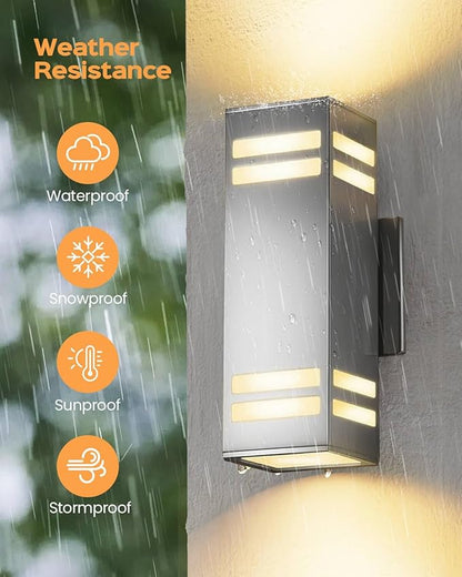 Dusk to Dawn Outdoor Lighting 2 Pack, Up and Down Lights Stainless Steel Exterior Light Fixture with Photocell Sensor, Waterproof Modern Outside Lights for House Garage Porch, LED Bulbs Included