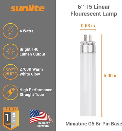 Sunlite 6-Inch F4T5/WW T5 Linear Fluorescent Lamp, 4 Watts, 140 Lumens, 2700K Soft White, Miniature G5 Bi-Pin Base, ROHS Compliant, High Performance Straight Tube, 10 Pack