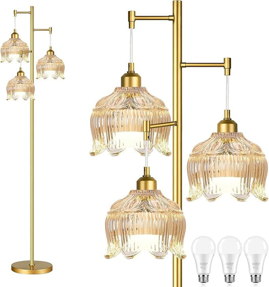 Gold Floor Lamp for Living Room,Bedroom,Mid Century Modern Standing Lamp Brass Tree 3 Light Tall Floor Lamps Vintage Retro Floor Lights Glass Amber Flower Lamp Shade Farmhouse Boho Bohemian