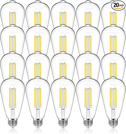 DAYBETTER 20 Pack ST58 LED Edison Bulbs, 8W Vintage Light Bulbs, Equivalent 60 Watt, 800LM, CRI85+, 5000K Warm White, Dimmable E26 Base LED Filament Bulbs for Home, Office, Clear Glass