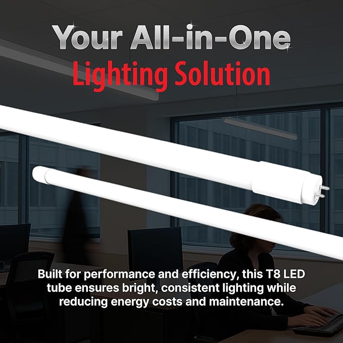– 25-Pack T8 LED Tube Light 4FT, 12W 1800LM, Type A Ballast Compatible, 4100K Daylight, UL-Listed, Easy Plug & Play Fluorescent Replacement, Energy-Saving for Shop & Office