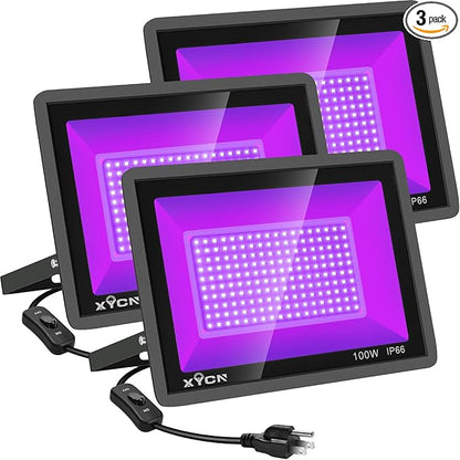 3 Pack 100W LED Black Light, Blacklight Flood Light with Plug and Switch, IP66 Waterproof Neon Glow for Party, Halloween, Fluorescent Poster, Body Paint, Aquarium