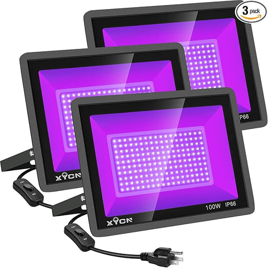 3 Pack 100W LED Black Light, Blacklight Flood Light with Plug and Switch, IP66 Waterproof Neon Glow for Party, Halloween, Fluorescent Poster, Body Paint, Aquarium