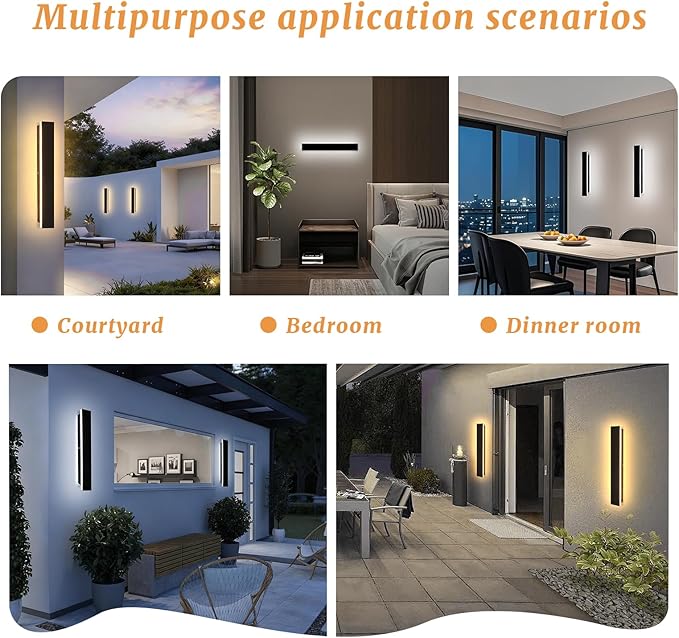 2pcs Modern Long Outdoor Wall Light 23.6in Black Exterior Wall Lighting IP65 Waterproof Garage Outdoor Wall Sconce 3000K-6000K Dimmable LED Lights Linear Wall Light for House Porch Patio