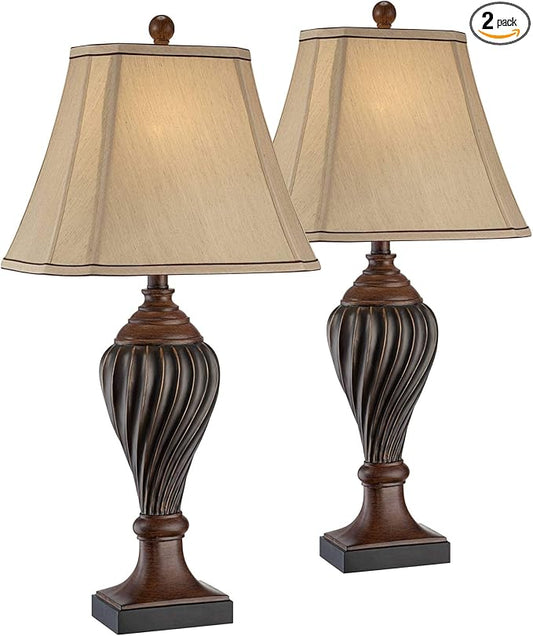 Regency Hill Carved 28 1/2" Tall Urn Traditional End Table Lamps Set of 2 Two-Tone Brown Finish Beige Shade Living Room Bedroom Bedside Nightstand House Office Home Kitchen Entryway Console Family