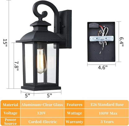 Outdoor Wall Sconce Lights Exterior 2-Pack, 15" Waterproof Retro Black Outside Porch Lights Wall Mount, Exterior Lighting Fixtures Outdoor Coach Lights for House Garage, Bulb Not Included