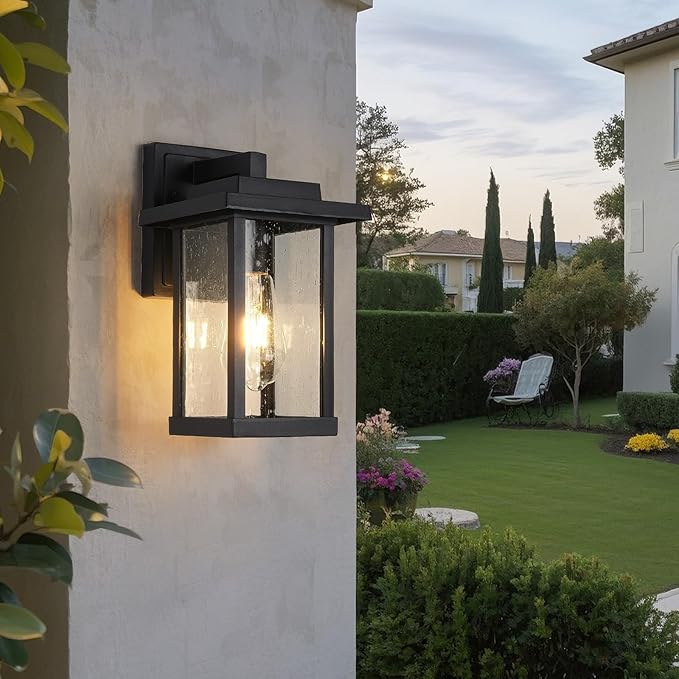 Black Exterior Light Fixtures 2 Pack, Farmhouse Outdoor Wall Sconce, Modern Front Porch Light with Seeded Glass for House Patio Garage Entrace