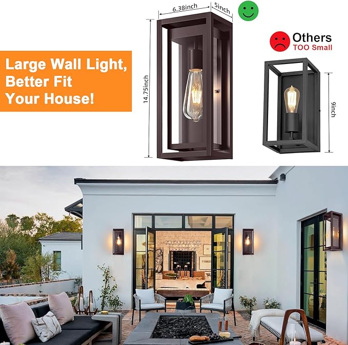 15" Large Oil Rubbed Bronze Outdoor Light Fixture, ORB Outdoor Sconces, Modern Waterproof Wall Lights with Clear Glass Shade for Front Door, Porch, Garage, 1 Pack