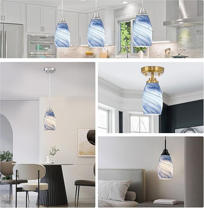 Glass Pendant Lamp Shade 4.72" Dark Blue Marble Art Glass Chandeliers Shade Mini Oval Light Shade Replacement Lamp Shade Only Light Fixtures for Kitchen Island 1-Pack