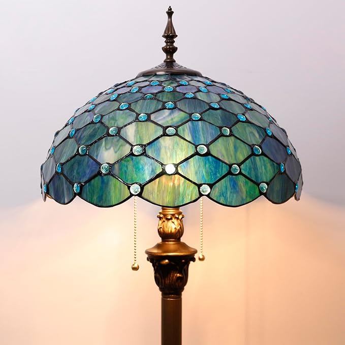 Tiffany Floor Lamp Stained Glass Lamp 16X16X70 Inch Antique Standing Reading Light (Sea Blue Pearl)