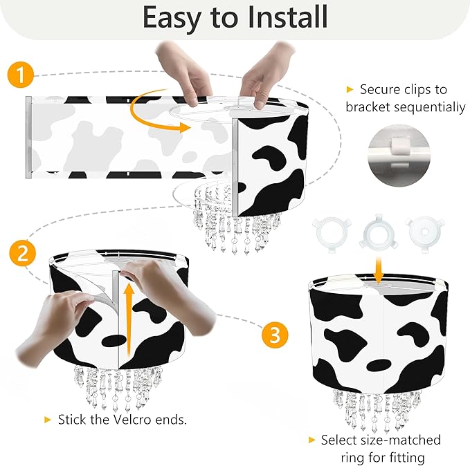 Black White Cow Print Lamp Shade with Acrylic Bead Droplets, Animal Drum Fabric Light Shade for Pendant Table & Floor Lamp, Cute Party Room Decor for Grandchild Kids Teens, 11.8in
