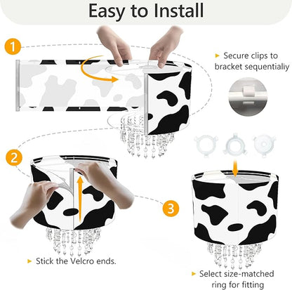 Black White Cow Print Lamp Shade with Acrylic Bead Droplets, Animal Drum Fabric Light Shade for Pendant Table & Floor Lamp, Cute Party Room Decor for Grandchild Kids Teens, 11.8in