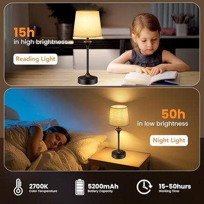 NIORSUN Portables Cordless Table Lamp,Flaxen Fabric Shade Battery Operated Lamp,5200mAh Bedside Table Lamp with Warm White,3 Way Dimmable Touch Desk Lamp for Living Room Bedroom Restaurant (Black)