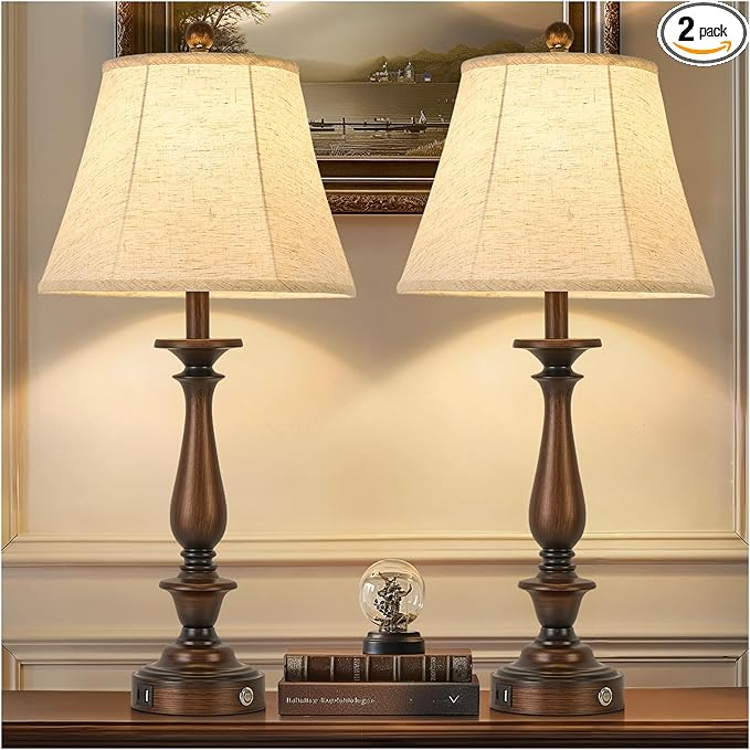 AIDENOEY 28.5" Traditional Table Lamp Set of 2, Rustic Farmhouse Table Lamps for Living Room Bedroom, Bedside Desk Lamps Vintage Nightstand Lamps with Silk Fabric Shades,Antique Copper Table Lamp