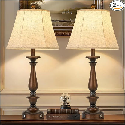 AIDENOEY 28.5" Traditional Table Lamp Set of 2, Rustic Farmhouse Table Lamps for Living Room Bedroom, Bedside Desk Lamps Vintage Nightstand Lamps with Silk Fabric Shades,Antique Copper Table Lamp