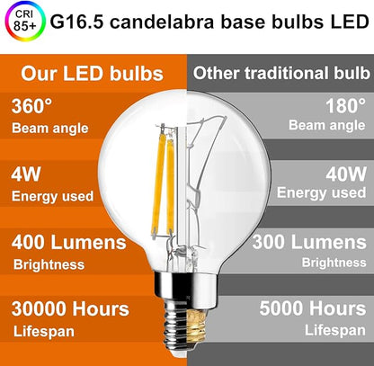 Vinaco G16.5 Candelabra Base Bulbs LED, 6 Pack 400LM G16.5 Light Bulb LED 4W, Equivalent 40W, Warm White 2700K No Flicker G 16.5 Dimmable Bulbs 120V, E12 Base for Chandeliers, Ceiling Fan, Pendant.