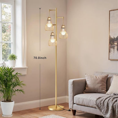 Dimmable Gold Floor Lamps for Living Room, Farmhouse Tree Standing Tall Lamp with Remote Control 3 Elegant Cage Shade LED Bulbs for Bedroom Office - Gold