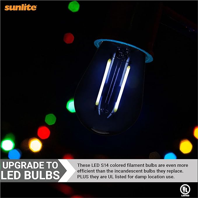 Sunlite LED S14 String Light Bulb, 2 Watts (25W Equivalent), Medium E26 Base, Party Decoration, Holiday Lighting, Transparent, Dimmable, UL Listed, Black, 6 Count