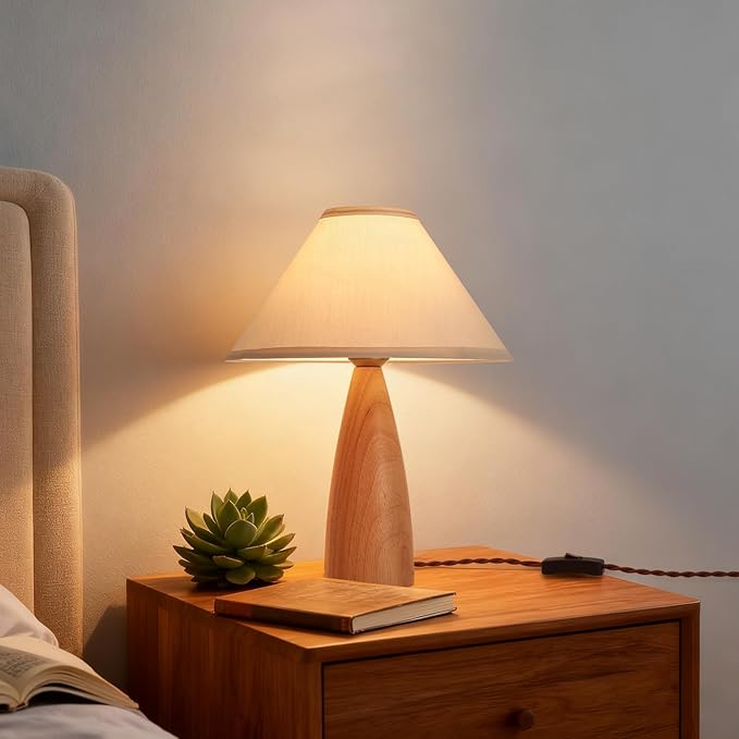 Bedside Table Lamp for Bedroom, Mid-Century Modern Plug in Fabric Shade & Solid Wood Base Desk Lamp, Plug & Play Yellow Wood Nightstand Lamp for Living Room, Office 【Bulb Included】