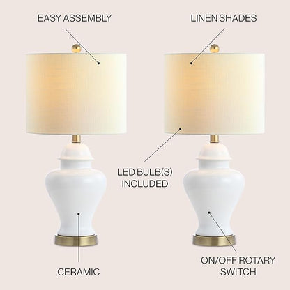 JONATHAN Y JYL6602C-SET2 22" White Classic Ceramic Table Lamp Set of 2 for Living Room, Traditional Ginger Jar Bedside Lamps for Bedroom Nightstand with White Linen Shade, LED Bulbs Included