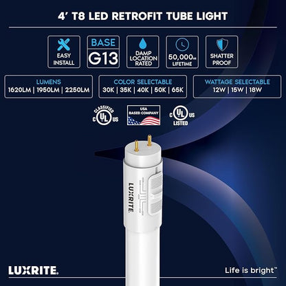 LUXRITE 4FT LED Tube Light, T8, 12W/15W/18W, 5CCT 3000K-6500K, 1620/1950/2250LM, 220°, Ballast Compatible or Bypass, Single/Double End, Fluorescent Replacement Damp Rated UL and DLC Listed (12 Pack)