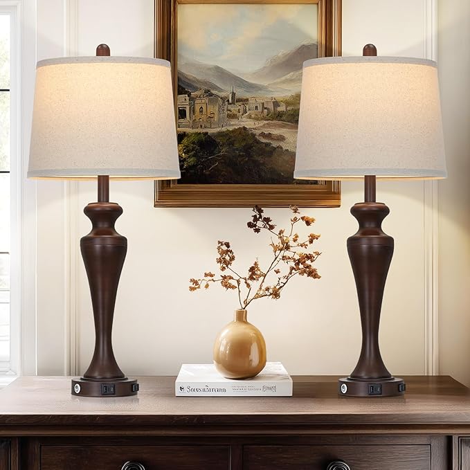 30" Brown Touch Table Lamps Set of 2, 3-Way Bedside Lamp with USB A+C Ports and AC Outlet, Tall Living Room Lamps for End Table, Modern Metal Bedroom Lamp for Night Stand