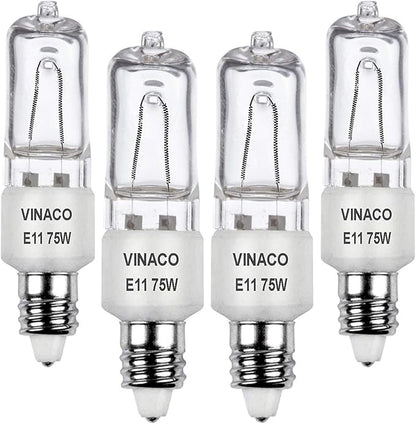 VINACO E11 Bulb, JDE11 120V 75W Halogen Light Bulbs, T4 Mini Candelabra Base, High Output 1150lm, Warm White 2700K, Dimmable, 4-Pack for Ceiling Fan Light Bulbs