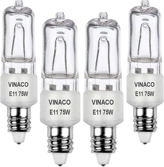 VINACO E11 Bulb, JDE11 120V 75W Halogen Light Bulbs, T4 Mini Candelabra Base, High Output 1150lm, Warm White 2700K, Dimmable, 4-Pack for Ceiling Fan Light Bulbs