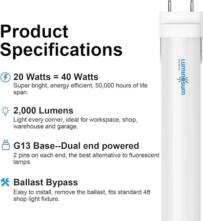 T8 LED Tube Light Bulbs 4 Foot 20W 40W Equivalent 5000K Daylight 2000LM, T8 T10 T12 Fluorescent Replacement, Dual-end Powered Ballast Bypass, Frosted Cover ETL Listed for Garage 10-Pack
