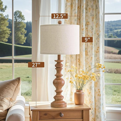 BOBOMOMO 27" Light Brown Table Lamps Set of 2, Large Farmhouse Resin Lamps with Linen Shades, Rustic Vintage Lamps for Living Room, Bedroom, Console Table or Entryway Home Lighting