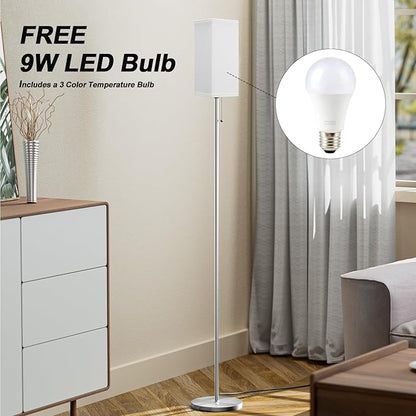 Floor Lamps for Living Room Bedroom - 3 Color Temperature Silver Floor Lamp Set of 2, Modern Standing Lamps with Pull Chain Switch White Shade, Tall Lamp for Corner Office(2 Pack)