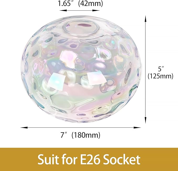 7" Glass Shade Replacement for E26 Pendant Lights, Colorful Hammered Globe Lampshade for Wall Sconce, Dia 7", Height 5", Fitter 1.65" (Stained - 1 pc)