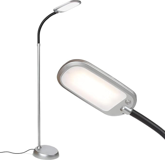 Brightech Litespan Slim LED Floor Reading Lamp with Adjustable Gooseneck for Living Rooms & Offices, Dimmable Standing Lamp for Bedroom - Silver