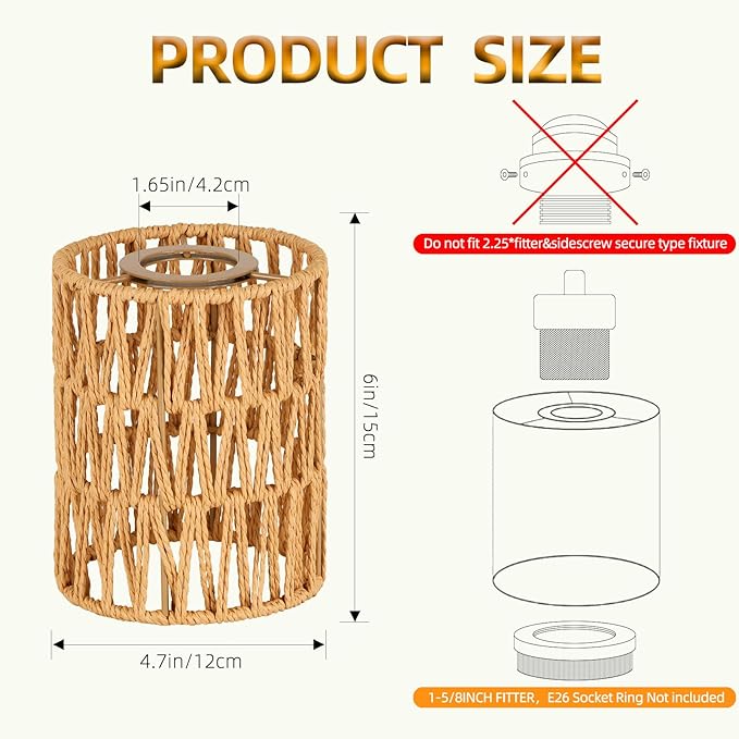 Rattan Lamp Shade Small Boho Shades Replacement 1-5/8 inch Fitter Cylinder Woven Lampshade for Floor Lamps Pendant Light Chandelier Wall Sconces Shade Ceiling Fan Light Covers 3 Pack
