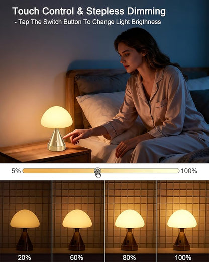 Small Cordless Mushroom Table Lamp, Mini Rechargeable Battery Powered Night Light, Touch Control Dimmable, Portable Gold Lamp for Kitchen Restaurant Dining Table Bathroom Patio