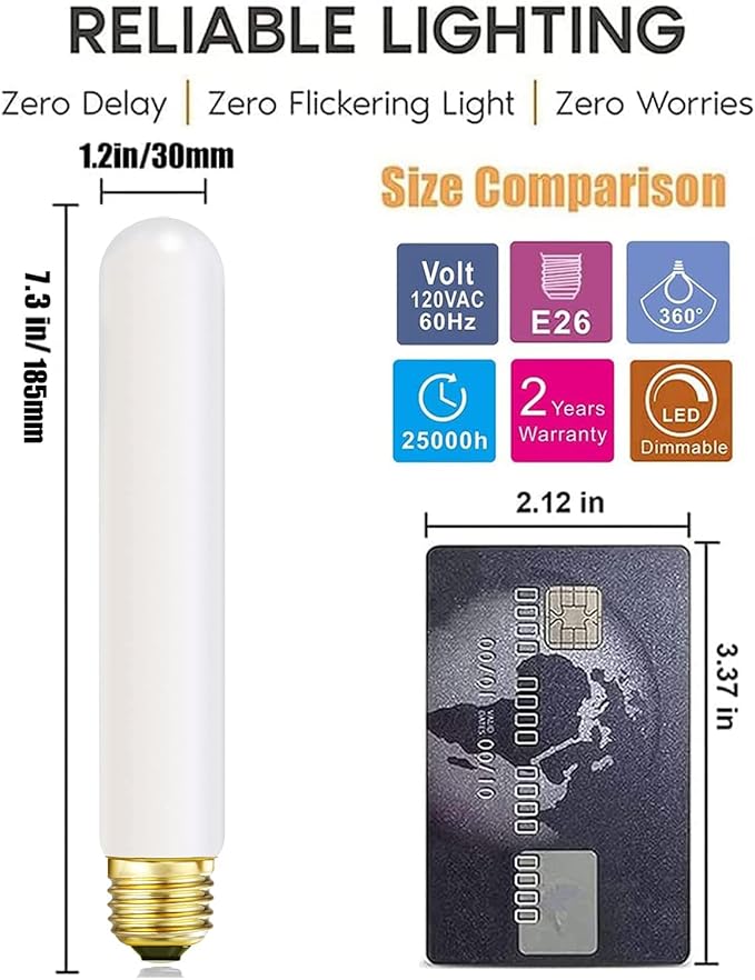 Leools T10 Led Frosted Bulb,e26 Dimmable Tubular LED Light Bulb, 6W Equal 60 watt Light Bulb 4000K Neutral White,CRI90+,600LM,E26 Base Matt Opal Porcelain,7.3inches Long Bulbs,4 Packs