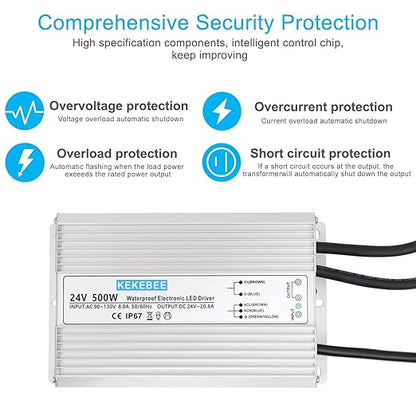 LED Driver 24V500W Waterproof Power Supply 24V DC 20.8A Low Voltage Switching Power Supply Suitable for Street Lights Lawn Lights LED Outdoor Landscape Lights Waterproof Transformer