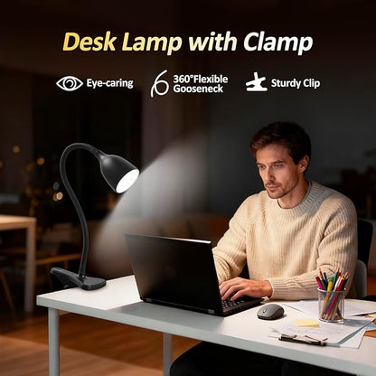 Desk Lamp for Home Office - Clip on Reading Light and Bed Headboard Clamp Lamp, Bedside Gooseneck Table Lamp, Clip on Desk Lamps, Eye-Caring Desk Lamp for College Dorm Room Study Lamp, Black