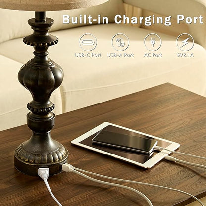 27.5" Farmhouse Table Lamps Set of 2 Bedside Nightstand Lamp with USB C+A Ports & AC Outlet, 3 Way Dimmable Lamps for Bedroom Living Room Office Rustic Lamp (Rotary Switch-Black)