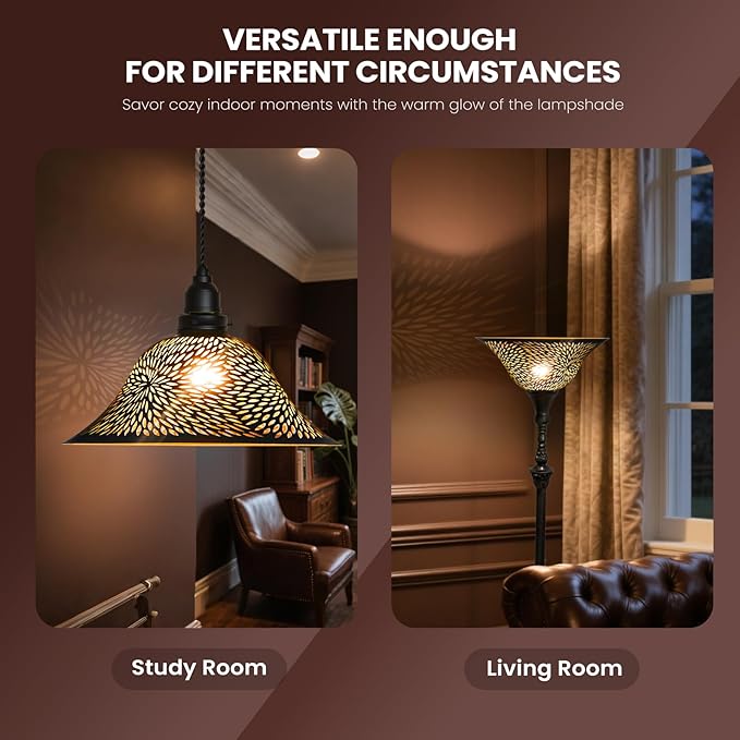 Ceiling Fan Light Covers, Pendant Light Shade Replacement with 1.65" Fitter, ALUCSET 5.5" Height and 12.2" Diameter, Metal Bell Cover for Chandelier Wall Sconces Etched Chrysanthemum Black and Gold