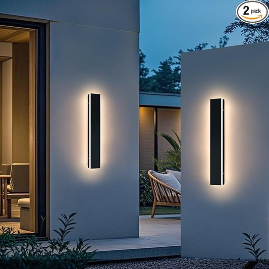 Upgrade Widened 2 Pack Modern LED Wall Sconce, 23.6inch Outdoor Exterior Wall Light, 3000K Warm White, 24W, IP65 Waterproof, Black Outside Long Linear Patio Lighting for House, Garage, Yard