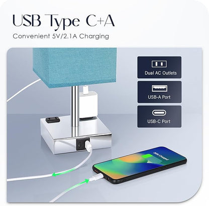 Bedside Lamp with USB Ports - Touch Control Table Lamp for Bedroom with USB C+A Charging Ports & AC Outlets, 3 Way Dimmable Nightstand Light with Flaxen Shade for Living Room (LED Bulb Included, Blue)