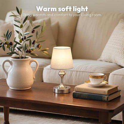 NIORSUN Portables Cordless Table Lamp, 10.2" Battery Operated Lamp, Bedside Table Lamp with Warm White,3 Way Dimmable Touch Desk Lamp for Bedroom Living Room Restaurant Whtie Shade (Silver)