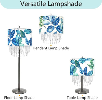 Blue Leaf Tropical Leaf Lamp Shade with Acrylic Bead Droplets, Drum Fabric Light Shade for Ceiling Pendant Table or Floor Lamps, Botanical Nature Home Decor, 15.7in