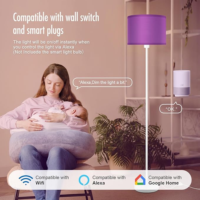 Floor Lamp, Standing Lamp, Modern Stand Up Lamps with Purple Lampshade, 59" Tall, Foot Switch, Simple Living Room Decor for Kids Room, Girls Room, Den, Office - White(NO Bulb,E26 Base)