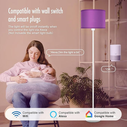 Floor Lamp, Standing Lamp, Modern Stand Up Lamps with Purple Lampshade, 59" Tall, Foot Switch, Simple Living Room Decor for Kids Room, Girls Room, Den, Office - White(NO Bulb,E26 Base)