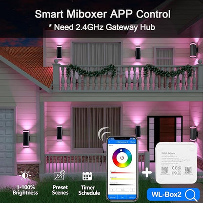 wowlite Smart Up and Down Lights Outdoor 2 Pack, RGBCW Exterior Lighting Fixtures WiFi App Control 2700K-6500K Ambience Wall Sconce Light Color Changing, Black Exterior Lights for House Porch Patio