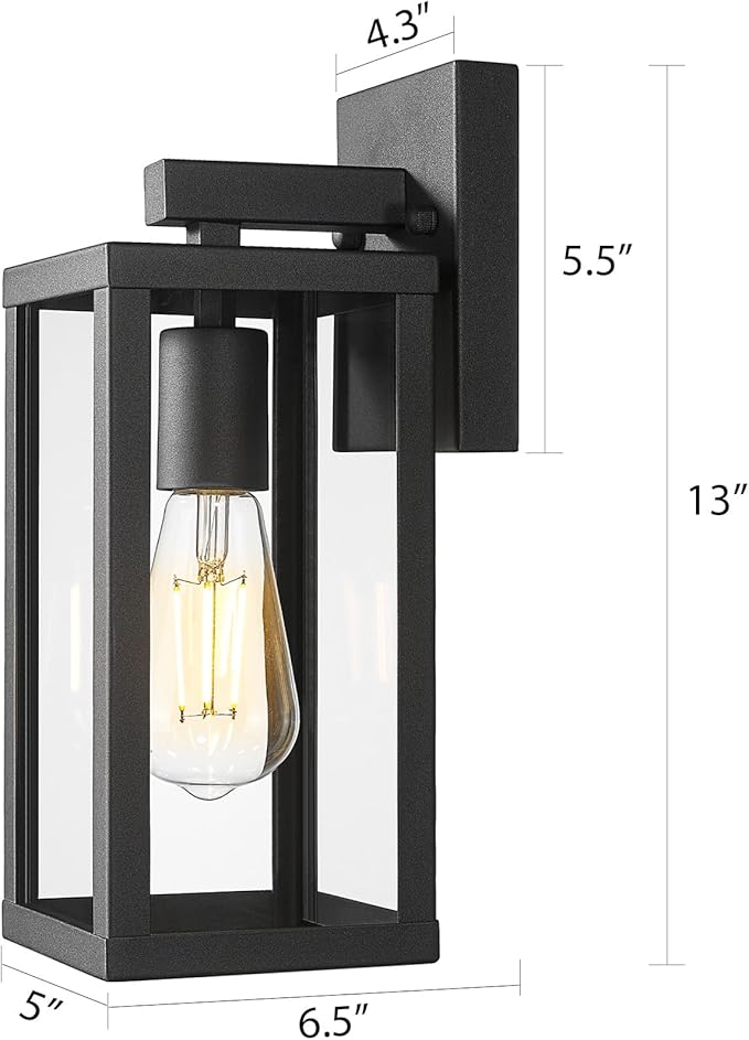 Outdoor Wall Light with Clear Glass, Anti-Rust Exterior Wall Sconce, Weather Resistant Outdoor Lantern, Exterior Lighting for Porch, Patio, Garage, Entryway (Black, 13" Height-2 Pack)